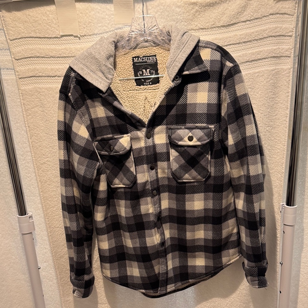 Machine Checkered Black and White Jacket Sherpa Lined Flannel T6